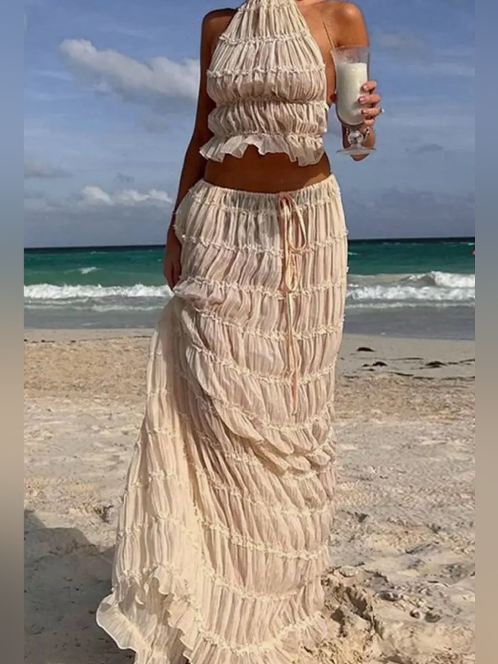 Beach-Ready Smocked Maxi Skirt and halter top in Cream